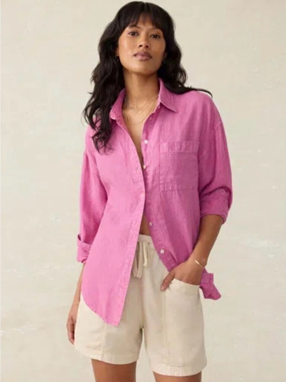 Faherty Laguna 100% Linen Long Sleeve Relaxed Button-Up Shirt Pink Ibis Rose M